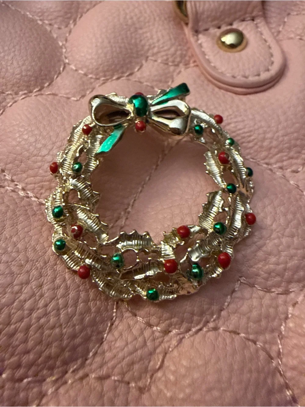 Gold-Tone Holiday Wreath Brooch with Red & Green Accents